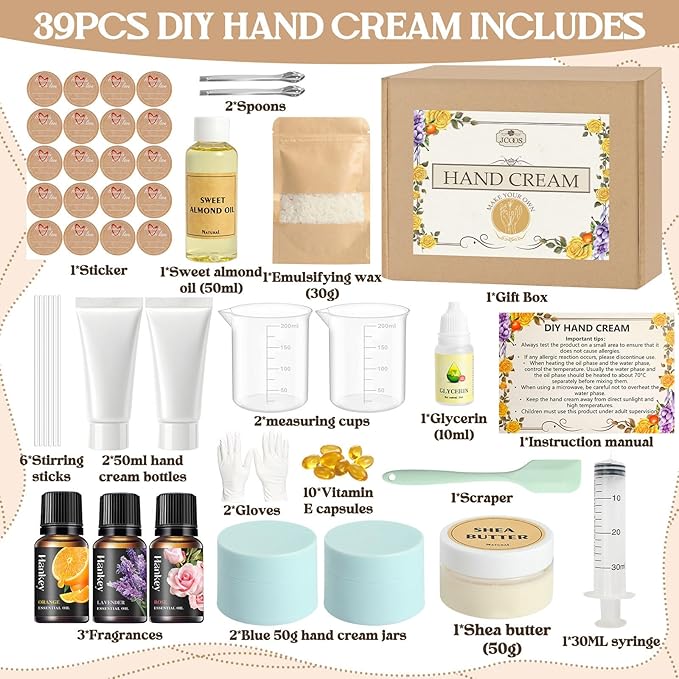 DIY Hand Cream Making Kit, JCOOS Handcream For Dry Hands, hand Lotion with Shea Butter, Almond Oil, Essential Oils Natural Whipped Shea Butter Body Butter Making Kit Valentine's Day gift for Women