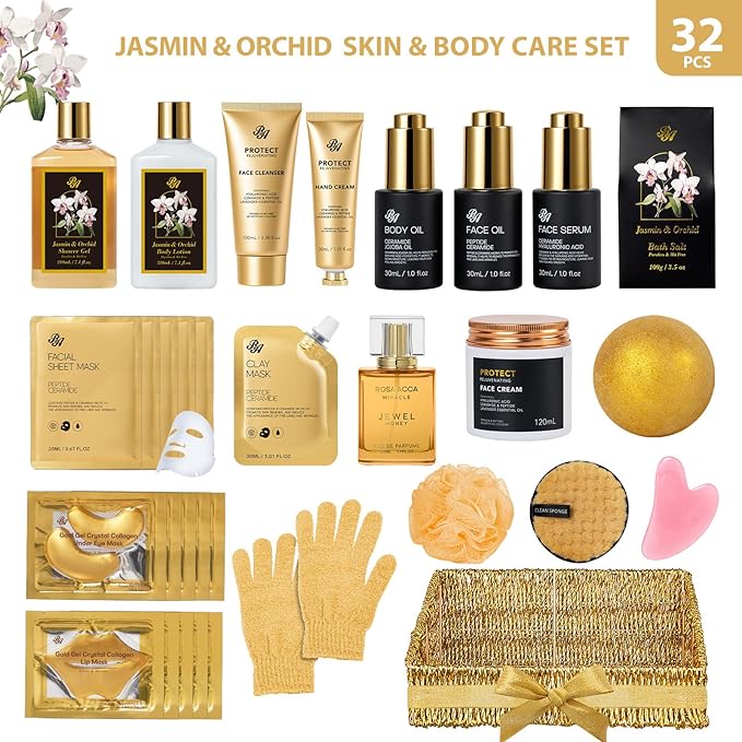 32 Pcs Mother's Day Gifts, Orchid Spa Basket Gift Set for Women, Self-Care Relaxation Kit, Hydrating Face Skin Care Set, Bath & Body Care Set, Birthday, Christmas, Anniversary, Wife, Mom