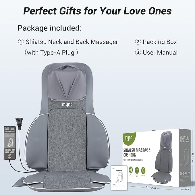Mynt Back and Neck Massager for Pain Relief Deep Tissue,3D Shiatsu Acupressure Neck Back Massager with Heat, Seat Massager for Full Body Relaxation Dark Gray