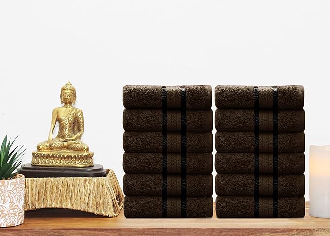 Cotton Craft - 12 Pack - Ultra Soft Extra Large Wash Cloths 12x12 Chocolate - 100% Pure Ringspun Cotton - Luxurious Rayon trim - Ideal for Daily Use - Each Towel Weighs 2 Ounces
