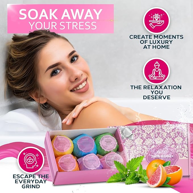Bath Bombs Gift Set - 6 Bubble Bath Fizzies (6 x 2oz) with Natural Dead Sea Salt Cocoa and Shea Essential Oils - Best Gift Idea for Birthday, Mom, Woman, Girl, Him, Kids