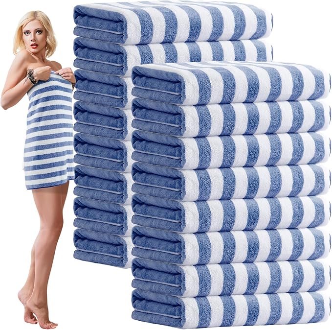 SmoothNovelty 16 Pack Microfiber Bath Towels Bulk 27'' x 60'' Oversized Size Bath Towel Highly Absorbent Extra Large Soft Drying for Beach Shower Summer Salon Sport Gym Party (Stripes,Haze Blue)