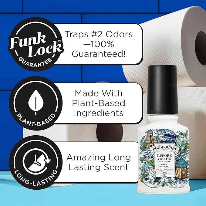 Poo-Pourri Before-You-Go Toilet Spray,Fresh Sea Salt,4 Fl Oz,Up to 200 Uses,Bathroom Odor Deodorizer,Plant-Based with Essential Oils,for Home or Work,Sea Salt,Bergamot & Eucalyptus Scent,(Pack of 2)