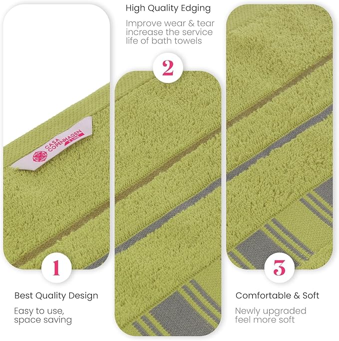 CASA COPENHAGEN X Line 2Pcs 100% Egyptian Cotton Large Designer Bathsheet Towels Gift Set- Grey - Green, 600GSM, 35"x70" 2Bath Sheet Towels for Bathroom Set for Women & Men