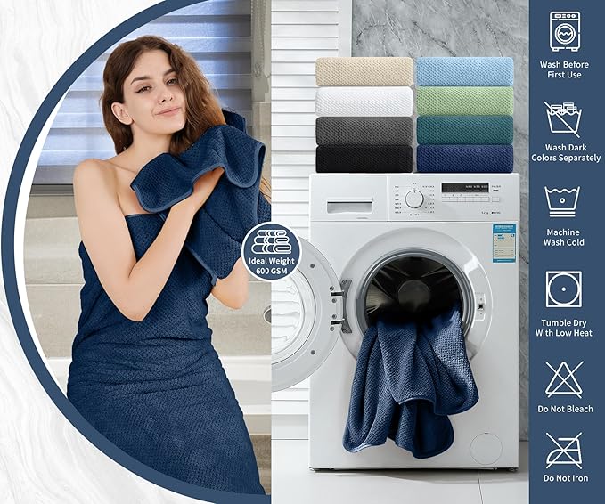 8 Piece Bathroom Towel Set Navy Blue |2 Oversized Large Bath Towels Sheet,2 Hand Towels and 4 Washcloths| 600GSM Ultra Soft Luxury Premium Towel Set Highly Absorbent Quick Dry Hotel Towel Collection