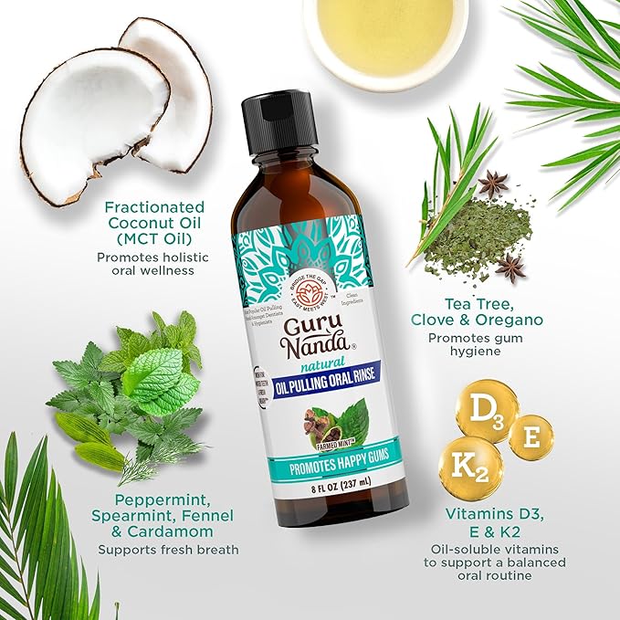 GuruNanda CocoMint Oil Pulling Mouthwash for Complete Oral Hygiene, 7 Essential Oils & Vitamins for Happy Teeth & Gums & Fresh Breath, with Toothbrush & Tongue Scraper, Alcohol-Free, 8 oz