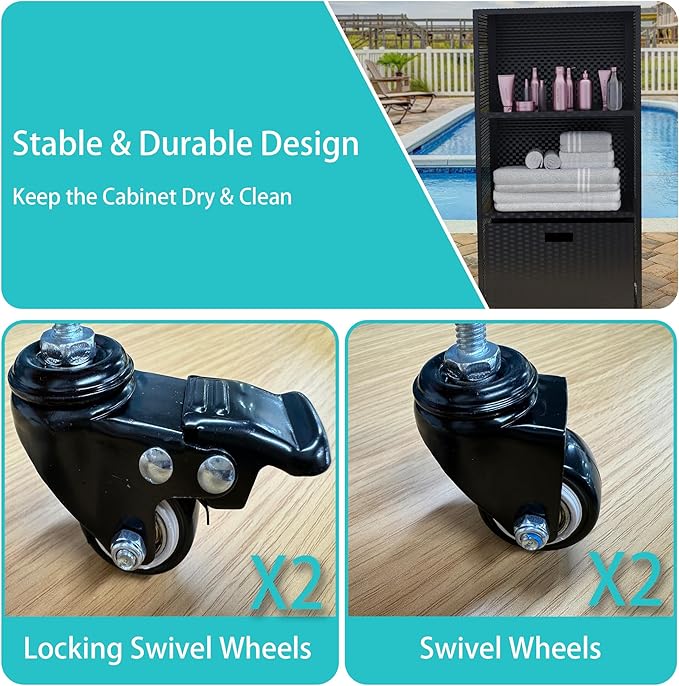 HOOYEAH Pool Towel Rack Outdoor, Waterproof PE Plastic Rattan Wicker Pool Storage Bins Storage Cabinet Organizer, Poolside Towel Caddy with Rolling Wheels for Hot Tub Spa Accessories,Black