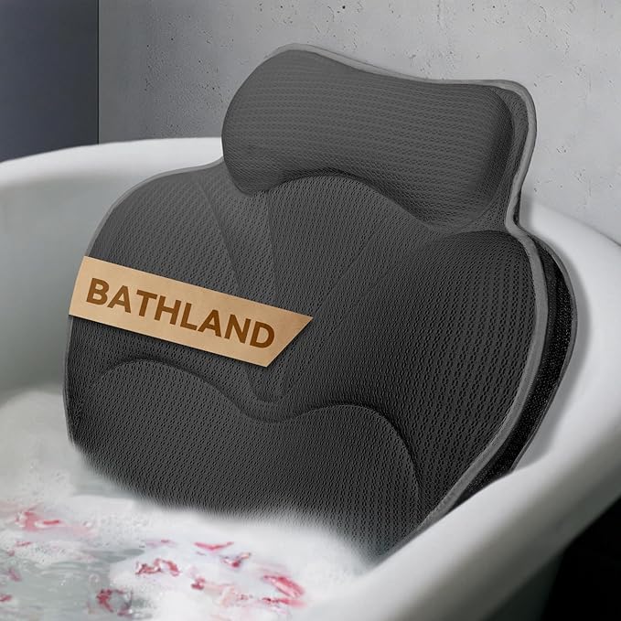 Bath Pillows for Tub - Luxury Bathtub Pillow Neck, Head, Back Support, Soft 5D Mesh Fabric and Non-Slip Suction Cups & Quick Dry, Comfort Fits All Tubs, Relaxation Spa Gift, Grey