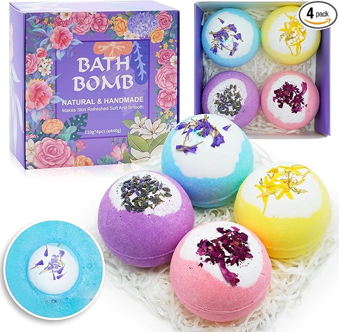Bath Bombs for Women Relaxing-4 Natural and Organic Bath Bombs with Essential Oils & Moisturizing Shea Butter,Gifts for Her, Girls, Wife, Birthday and Christmas