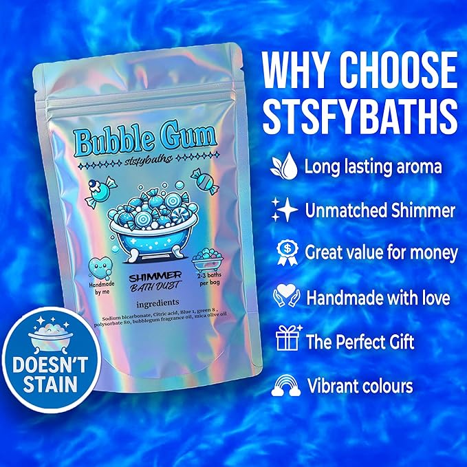 Sky Blue Bubblegum Shimmer Bath Bomb in A Bag - Handmade Scented Bath Bombs for Women,Kids and Men - Bathbomb Fizzies Perfect for Boys and Girls All Ages (4.4 Ounce, Sky Blue)