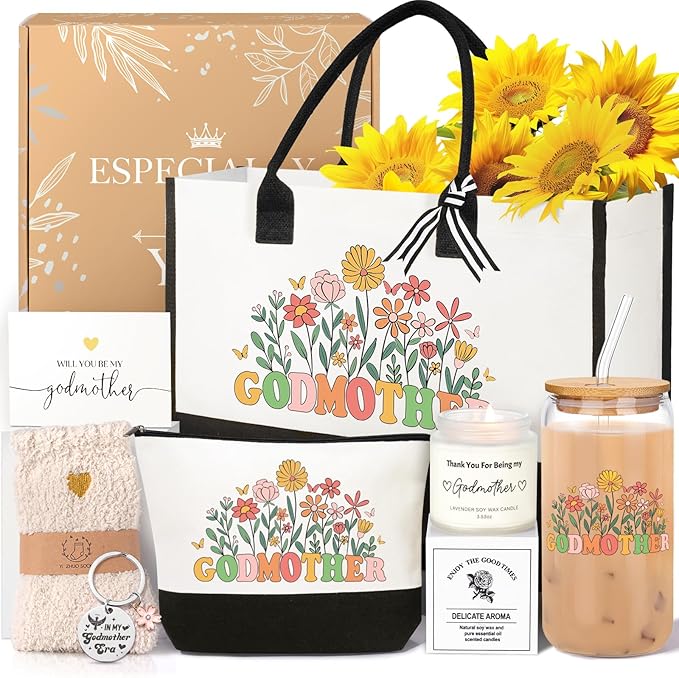 iAOVUEBY 7PCS Godmother Proposal Gift, Will You Be My Godmother, 16oz Glass Cup Canvas Tote Bag, Self Care Gifts Basket for Women, God Mother Proposal Gift