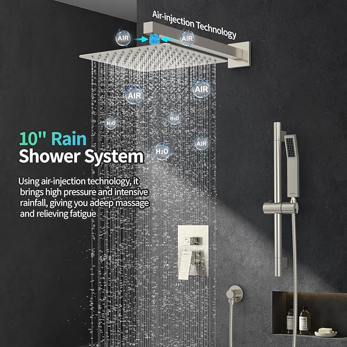 SR SUN RISE Shower System with 10" Rain Showerhead, Square Handheld Showerwith 16-Inch Slide Bar and 71-Inch Hose, Wall Mounted Shower Faucet Set Included Valve and Trim Kit, Brushed Nickel
