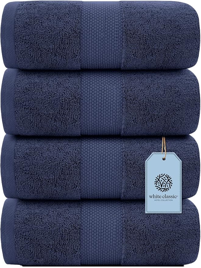 White Classic Luxury Bath Towels Large - Cotton Hotel spa Bathroom Towel |30x56 | 4 Pack | Navy Blue