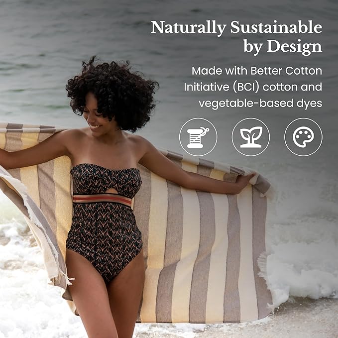 Lightweight Turkish Beach Towel - 100% BCI Cotton, Unbleached Raw Fringe, Oeko-TEX Certified, Absorbent, Eco-Friendly, 36x66”, Brown & Natural Stripes, Portable Sarong Blanket for Pool, Travel