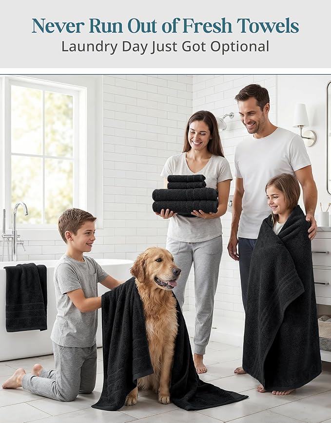 100% Mercerized Cotton Bath Towels Set of 24 - 2 Bath Sheets, 2 Bath, 2 Gym Towel, 4 Fingertip, 6 Hand, 8 Washcloths, Gentle on Body, Luxury Softness for Daily Living, Perfect for Everyday Use – Black