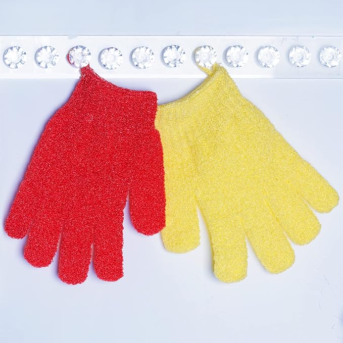 4 Pairs Bath Exfoliating Gloves Scrub, Double Sided Bath Mitts Scrubs for Shower, Exfoliating Shower Mitt Body Scrubber Glove, Bathing Accessories for Bath, Spa, Massage（Yellow, Red, Pink, Light Blue）