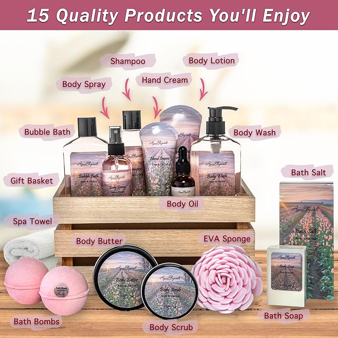 Aqua Elegante Full Spa Gift Set - 15 Piece Premium Bath Basket with Wash, Bubbles, Lotion, Salts, Body Scrub, Towel, Shower Puff, Bathbombs, Reusable Basket, Gifts for Women - Rose Oil & Orchid