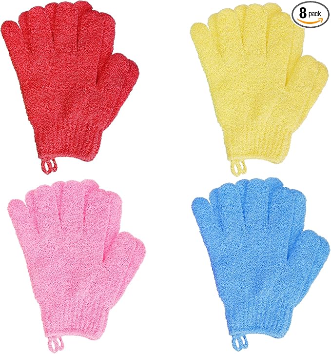 4 Pairs Bath Exfoliating Gloves Scrub, Double Sided Bath Mitts Scrubs for Shower, Exfoliating Shower Mitt Body Scrubber Glove, Bathing Accessories for Bath, Spa, Massage（Yellow, Red, Pink, Light Blue）