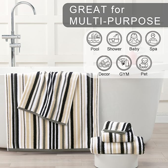 VOOVA & MOVAS 100% Cotton Ultra Soft Black Striped Washcloths (6 Pack, 13"x13") - Absorbent Quick Dry Lightweight Luxury Decorative Towels | Bathroom Set with Black + Gray Striped Design