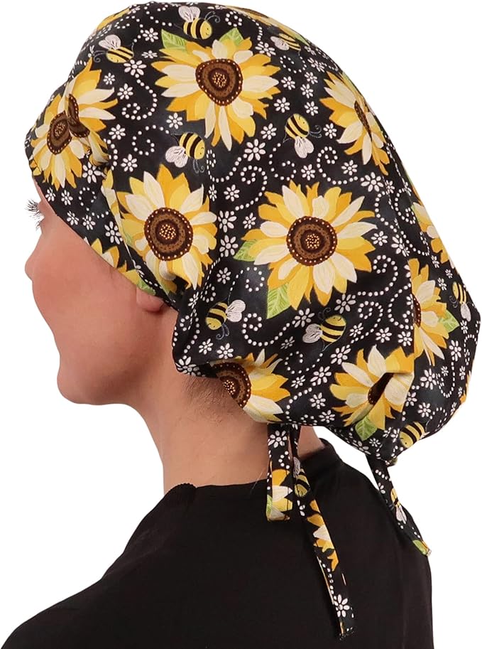 Sparkling EARTH Banded Bouffant Surgical Scrub Ponytail Working Caps and Built-in Sweatband - 100% Cotton - Made in The USA