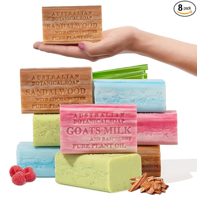 Australian Botanical Soap 8-Pack Variety Bar Soap Set, 6.6 oz Each (8 Bars) – 2 Each: Sandalwood, Sea Salt, Goats Milk Raspberry, Lemongrass & Lemon Myrtle – Bath & Hand Soap Bars