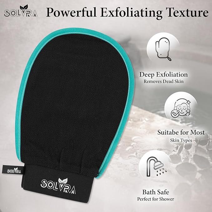 Exfoliating glove for Shower & Exfoliating body scrubber – 100% Vegan Viscose Kessa Mitt for Dead Skin Removal, Self-Tan Fade & Keratosis Pilaris –Dual-Texture Glove for Spa & Massage (1 Pack Black)