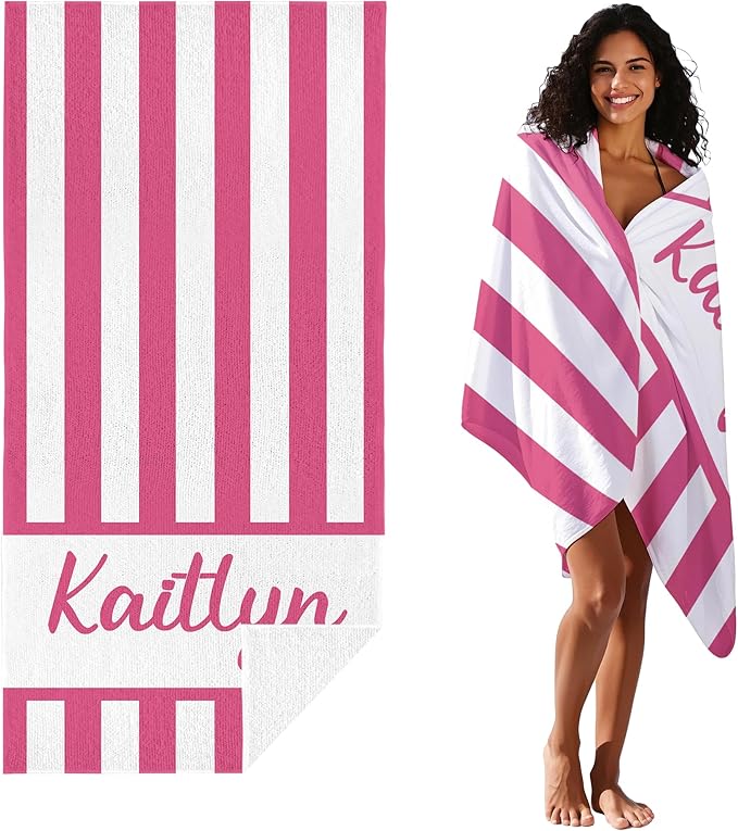 JML Personalized Beach Towel with Name, Custom Cabana Stripe Beach Towel, Customized Microfiber Pool Towel, Quick Dry & Absorbent Swim Towel for Adult,Anniversary, Birthday, Summer Holiday,Vacation