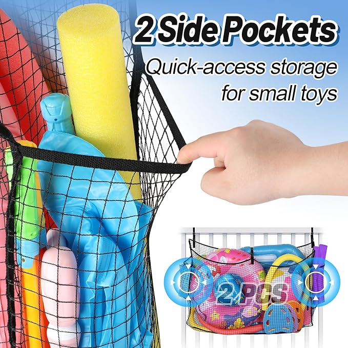 2Pcs Large Pool Float Toy Storage Net - 59x11.8x33.5in Durable Mesh Net Organizer for Fence with Straps, Poolside Fence Toys Holder for Inflatable Rafts Pool Noodles Balls Swimming Ring
