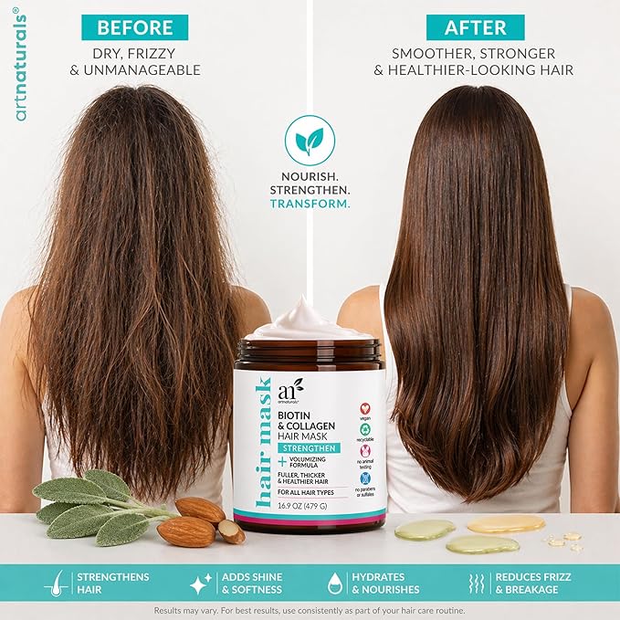 Artnaturals Biotin & Collagen Hair Mask – Strengthening & Volumizing Treatment for Fuller, Thicker Hair – With Jojoba, Almond & Sage Oils – Vegan, No Parabens or Sulfates – 16.9 oz