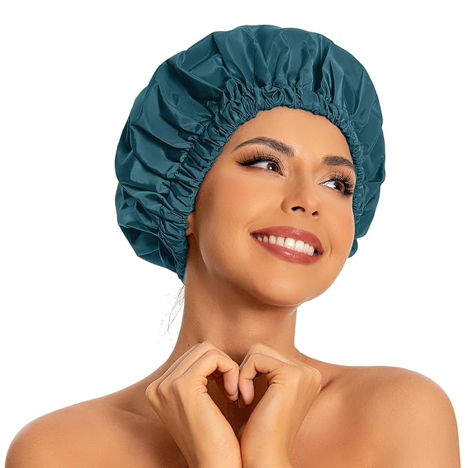 Reusable Shower Cap for Women, Large Waterproof Shower Bonnet with Elastic Band, Washable Bath Hair Cap for Long, Curly Hair, Braids, Daily Shower, Home Spa, Travel(Blue Zircon)