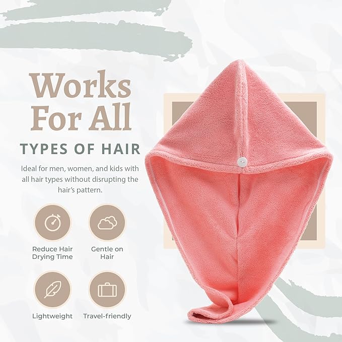 Microfiber Hair Towel Wrap, Super Absorbent Twist Turban Dry Hair Cap with Button Loop Fasten