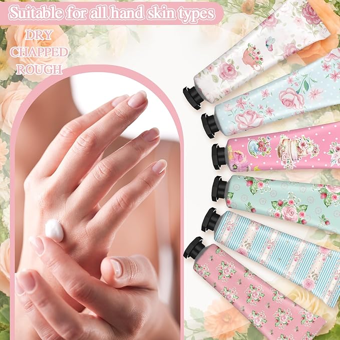 Tea Party Hand Cream Gift Set Wonderland Floral Tea Party Favor Flower Moisturizing Hand Lotion Bulk Dry Cracked Care Cream Teapot Favor Boxes Treat Gift Goodie for Baby Shower, 20 ml(48 Pcs)