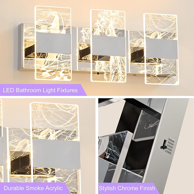 Modern LED Bathroom Light Fixtures Dimmable 3-Light Chrome Vanity Light, 5CCT Adjustable Lighting Fixture Vanity Lights Over Mirror, Smoked Acrylic LED Vanity Lights for Bathroom