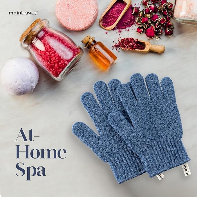 MainBasics Deep Exfoliating Bath Gloves - Heavy-Textured Nylon Shower Scrub for Dead Skin Removal - Machine Washable (1 Pair, Pigeon Blue)