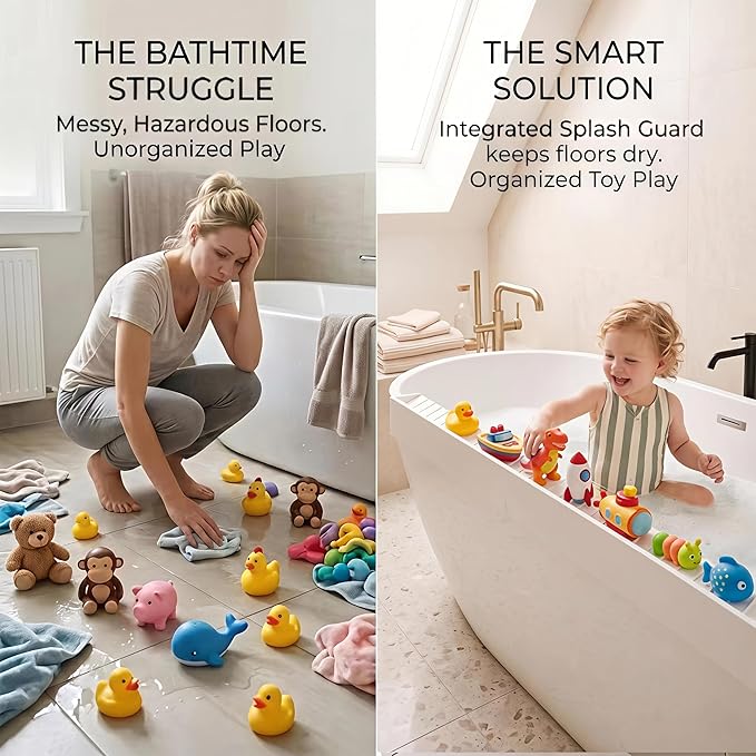 Bathtub Splash Guard for Tub Kids, Silicone Bath Toy Holder & Tub Side Tray with Suction Cups, Bath Tub Shelf for Kids, Bathtub Toy Storage, Pink
