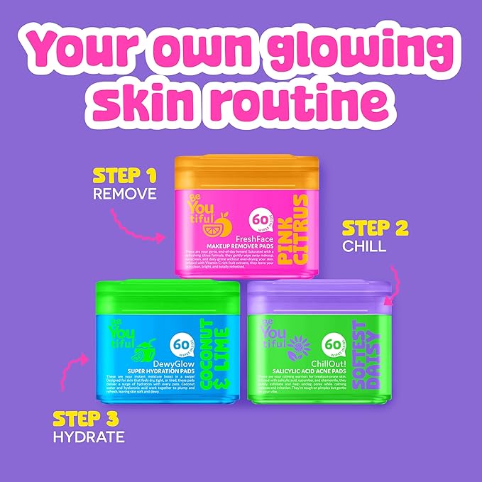 BeYoutiful ChillOut Gentle Acne Cleansing Face Wipes with Salicylic Acid for Teens and Kids, 60 Toner Facial Pads, Vegan Skincare, Safe Formula with Tea Tree Oil & Chamomile