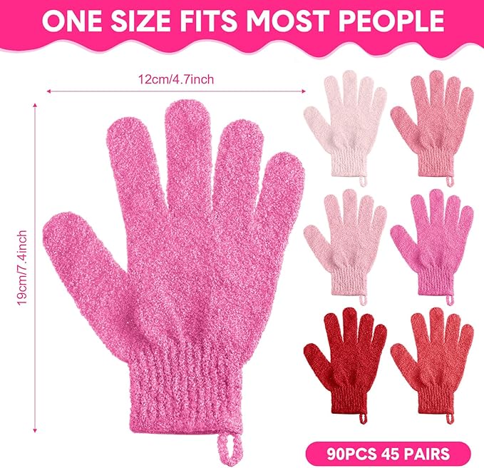 Cuffbow 90 Pcs 45 Pairs Exfoliating Double Sided Bath Gloves with Hanging Loop Colorful Body Shower Gloves for Men Women Beauty Spa Massage Clean Shower Skin Bathing Scrubber Accessories(Pink)