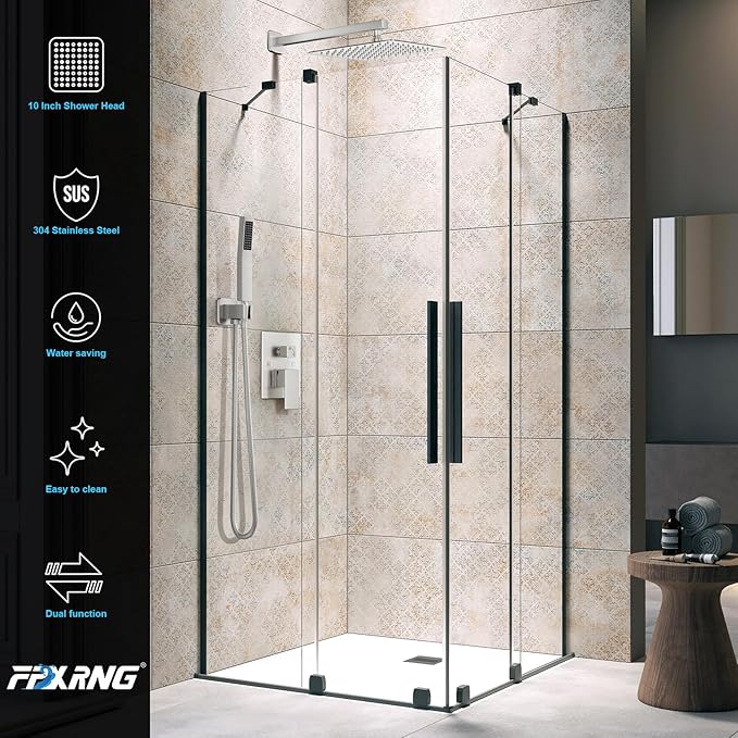 FPXRNG Shower Faucet Set Bathroom Square Rain Shower Head and Handle Set, Wall Mounted Shower Fixtures, Full Metal Trim Repair Kit 10 inch Brushed Nickel (With Shower Valve)