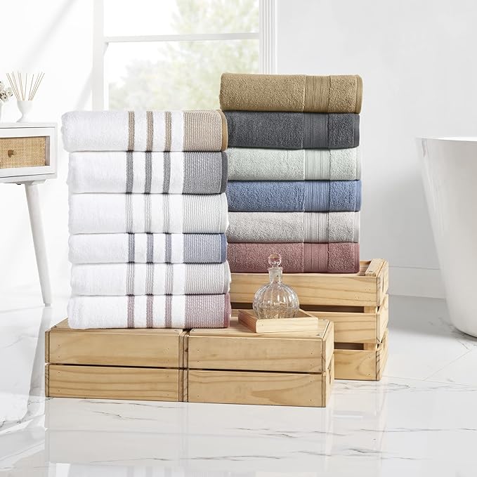 Modern Threads 6-Piece Towel Set – 100% Cotton, Quick Dry, Ultra Absorbent – Includes 2 Bath, 2 Hand, 2 Washcloths (White/Reinhart Blue)