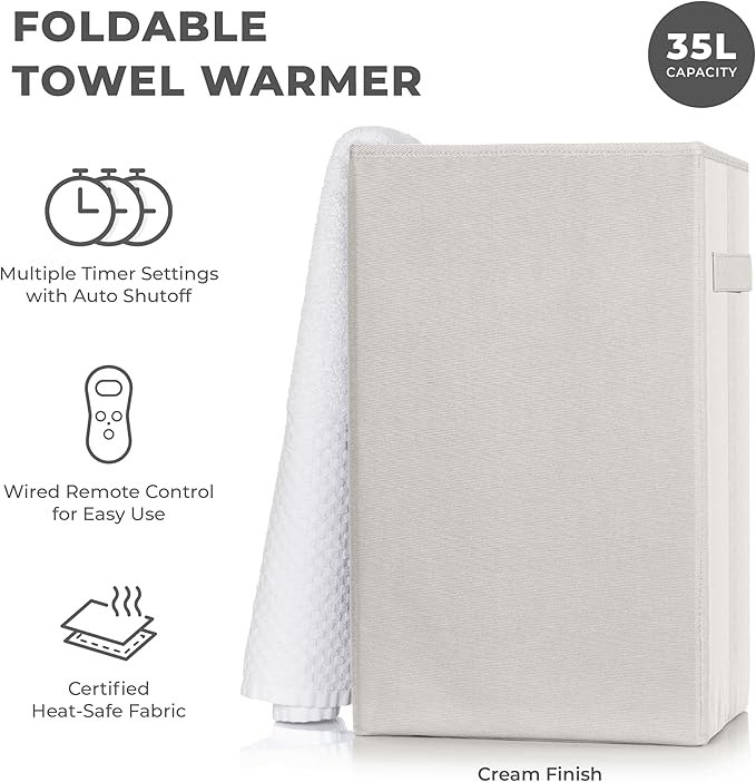 Zadro Foldable Towel Warmer, Folding Heat-Resistant Fabric, XLarge 35 Liter Capacity, Dual Even-Surround Heat Modes, Collapsible Space-Saving Design (Cream, 35L - 19.5"x12"x12")