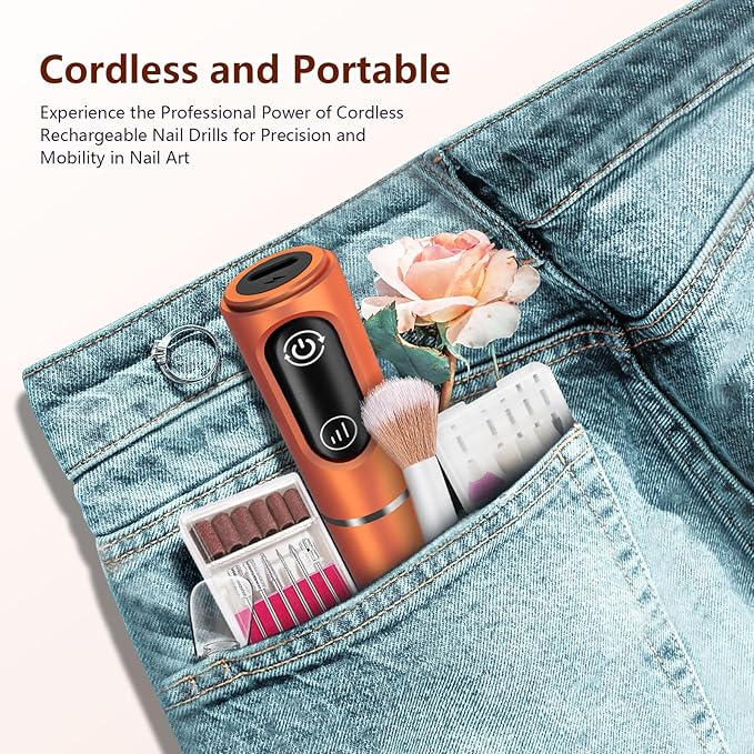 TUOBEO Cordless Nail Drill Electric Rechargeable File Kit, Professional Efile Acrylic Gel Nail Polish Remover Pedicure Manicure Machine Portable Set with 11 Bits 56 Sanding Bands for Salon Orange