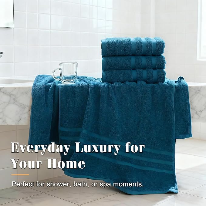 Bath Towels 4 Pack, 30 x 60 Inches, Large 100% Cotton Towels, Soft, Absorbent, Comfortable for Home, Spa, and Gym, (Blue)