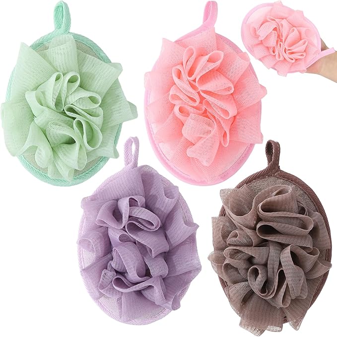 4 PCS Exfoliating Bath Sponges Soft Loofah Shower Scrubber with Elastic Hand Strap for Women Men Gentle Skin Cleansing Body Wash Towel Pouf Purple, Pink, Green, Coffee