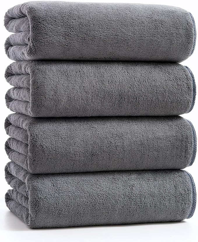 sakano 4-Piece Bath Towel Set,Quick-Dry Absorbent Lint Free & Launder Soft Coral Velvet Microfiber Towels for Bathing, Fitness, Spa, and Guest Use -Dark Gray, 28 x 55 inches