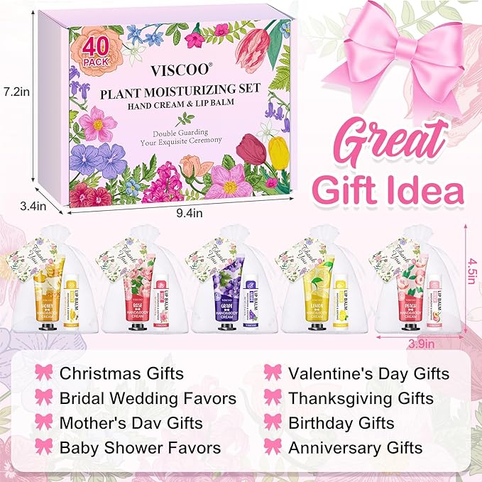 VISCOO 40 Sets Hand Cream and Lip Balm Bulk Set, Mothers Day Gifts, Teacher Appreciation Gifts, Nurses Week Gift, Wedding Favors for Guests with Thank You Card Organza Bags, Birthday Gift for Women