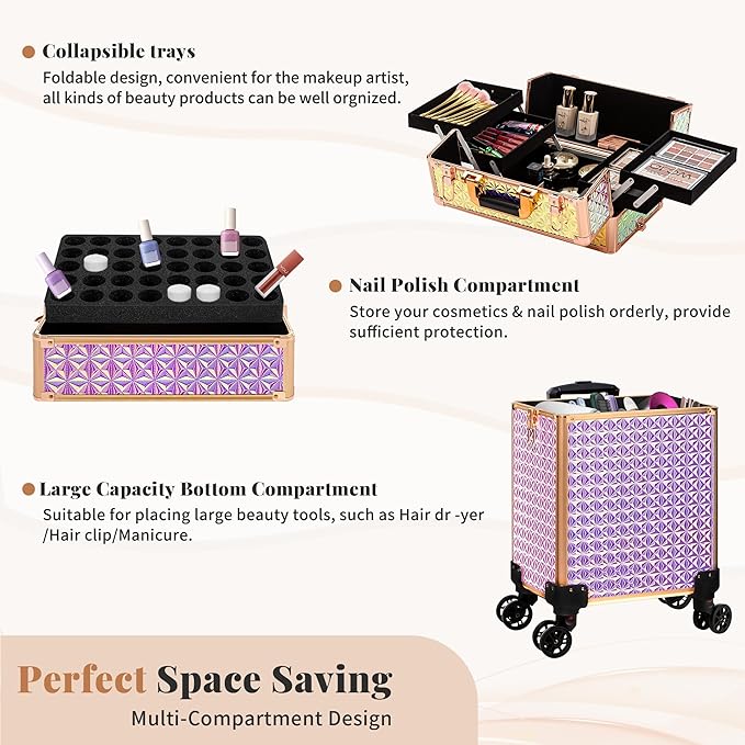 3 in 1 Rolling Makeup Train Case Professional Large Cosmetic Trolley Cosmetology Case on Wheels Traveling Cart Trunk for Hairstylist Artist Nail Beauty Salon Barber, Colorful