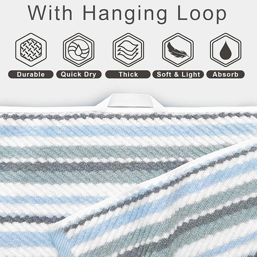 100% Cotton Blue Striped Luxury 6 Piece Towel Set , Quick Dry & Highly Absorbent Towels Set for Bathroom ( 2 Bath with Hanging Loop 28"x52", 2 Hand 16"x27", 2 Washcloth 13"x13" ), Blue & Gray