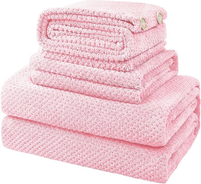 MaopaoBeauty Pink Towels 4 Piece Pink Towel Set, 35x70 in Extra Large Bath Towel Hand Towels Hair Towels Washcloths - Highly Absorbent Quick Dry, Soft Towel Set for Bathroom, Pack of 4