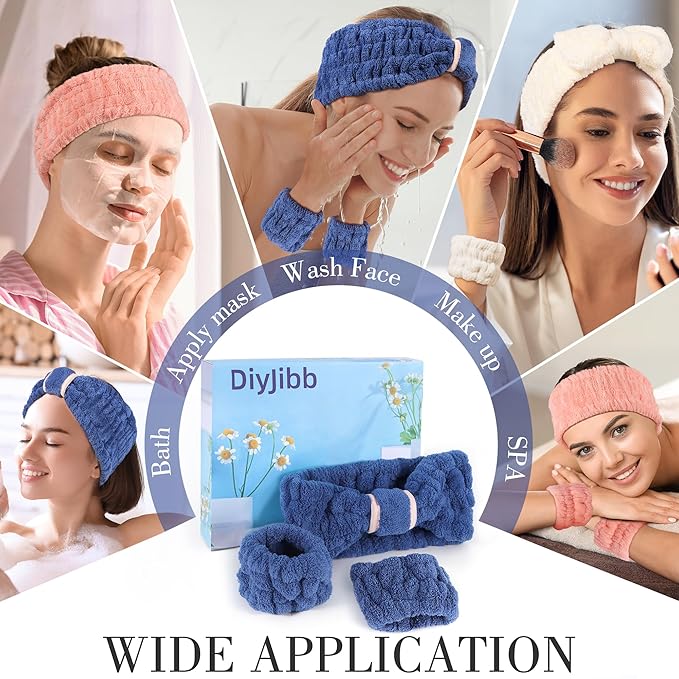DiyJibb 9 Pcs Spa Headband for Washing Face,Skincare Headband and Wristband Set,Women Teen Girls Facial Hairbands for Washing Face, Makeup, Sports, Yoga (dark blue + beige + orange red)