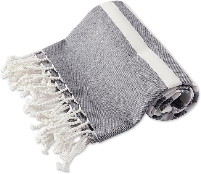E-Living Store FBA43919 100% Cotton, Soft & Absorbent Decorative Turkish Fouta Towel with Twisted Fringe for Home, Beach, Pool, or Décor, Use As Blanket or Throw, 28x59, Black